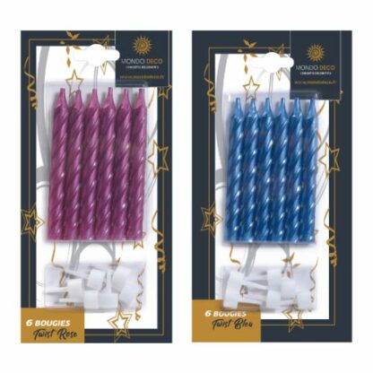 Kit 12 bougies Twist : 1 kit Dimension : H. 11 cm Couleur rose ou bleu (au choix) Référence : de 1073 ou 1072 Décors pâtissiers, bougies - Mondo Déco entreprise française