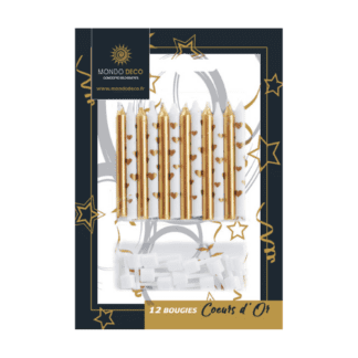 12 bougies cœur d'or : 1 lot de 12 bougies Dimension : H. 6 cm Couleur : blanc et doré Référence : 1098 Décors pâtissiers, bougies - Mondo Déco entreprise française