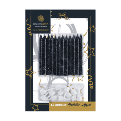 12 bougies noires pailletées : 1 lot de 12 bougies + supports Dimension : H. 6 cm Couleur : noir, paillettes argentées Référence : 1099 Décors pâtissiers, bougies - Mondo Déco entreprise française