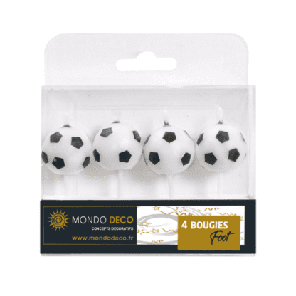 4 bougies ballons de foot : 1 x 4 bougies rondes en forme de ballon, Couleur : noir et blanc, Référence : 1074, Décors pâtissiers, bougies - Mondo Déco entreprise française