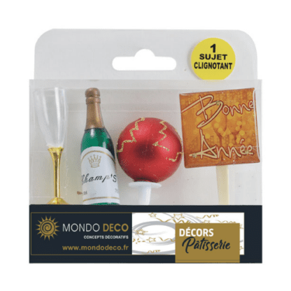 kit déco Bonne année : 1 kit contient 4 pièces : 1 élément à planter "verre à Champagne"  1 élément à planter "Bouteille Champagne" 1 élément à planter "boule de Noël" 1 élément à planter "Bonne année" clignotant Couleur : multicolore Référence : 1085 Décors pâtissiers Photo non contractuelle : certains éléments peuvent varier - Décoration gâteaux - Mondo Déco entreprise française