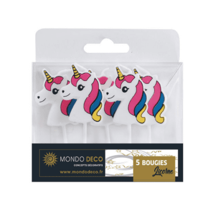 5 bougies licorne : 1 x 5 bougies Couleur : blanc, jaune, rose et bleu Référence : 1088 Décors pâtissiers, bougies - Mondo Déco entreprise française