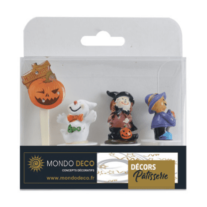 kit déco Halloween : 1 kit contient 4 pièces : 1 élément "citrouille" clignotant 3 éléments en résine à planter "esprit Halloween" Couleur : multicolore Référence : 1089 Décors pâtissiers Photo non contractuelle : certains éléments peuvent varier - Décors gâteaux - Mondo Déco entrprise française