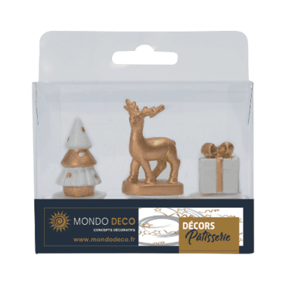 Kit déco Noël scintillant : 1 kit contient 3 éléments à planter en résine Couleur : blanc et doré Référence : 1093 Décors pâtissiers Photo non contractuelle : certains éléments peuvent varier - Décoration pour gâteaux - Mondo Déco entreprise française