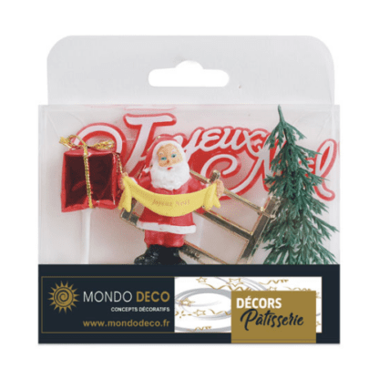 kit déco Joyeux Noël : 1 kit contient 5 pièces : 1 élément à planter "paquet-cadeau" 1 élément à planter Père-Noël à banderole "Joyeux Noël" 1 élément à planter "barrière dorée" 1 élément à planter "sapin"  1 Plaque à planter "Joyeux Noël" Couleur : multicolore Référence : rouge, doré et vert Décors pâtissiers Photo non contractuelle : certains éléments peuvent varier - Décoration de gâteaux - Mondo Déco entreprise française