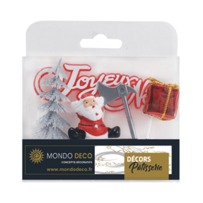 kit déco Joyeux Noël argent : 1 kit contient 5 pièces : 1 élément à planter "paquet-cadeau" 1 élément à planter Père-Noël 1 élément à planter "hache argentée" 1 élément à planter "sapin argenté" 1 plaque à planter "Joyeux Noël" Couleur : rouge, argenté Référence : 1096 Décors pâtissiers Photo non contractuelle : certains éléments peuvent varier - Mondo Déco entreprise française