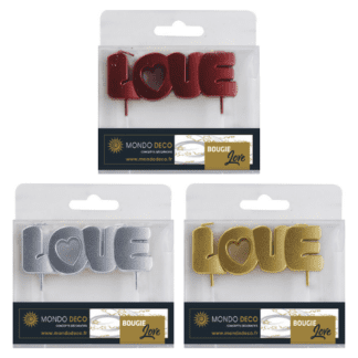 bougie Love : 1 pièce Couleur rouge, argenté ou doré (au choix) Référence : 1102 Décors pâtissiers, bougies - Mondo Deco entreprise française