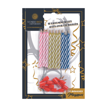 lot de 10 bougies magiques : 1 lot de 10 bougies Bougies qui se rallument toutes seules après avoir été soufflées Dimensions : H. 6 cm Couleur : rose, jaune, bleu Référence : 32 Décors pâtissiers, bougies - Mondo Déco entreprise française