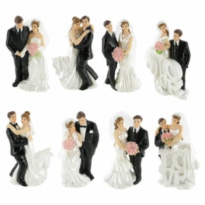 Assortiment de mariés en résine : Lot de 8 modèles différents Livré dans sa boite de présentation Dimensions : H. 10 cm Matière : résine Couleur : noir, blanc, rose Référence : 16 - Figurines de mariés pour pièce montée de mariage / gâteau de mariage - Mondo Déco entreprise française