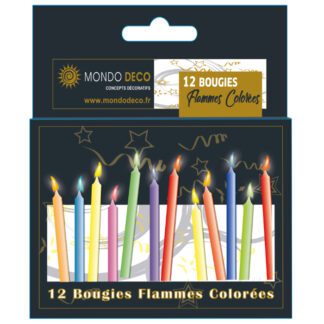 12 bougies flammes colorées : Magique : les flammes sont de la même couleur que la bougie ! 1 boite de 12 bougies Couleur : multicolore Dimensions : H.5,5 cm Référence : 1114 Décors pâtissiers, bougies Thème : anniversaire - Mondo Déco entreprise française