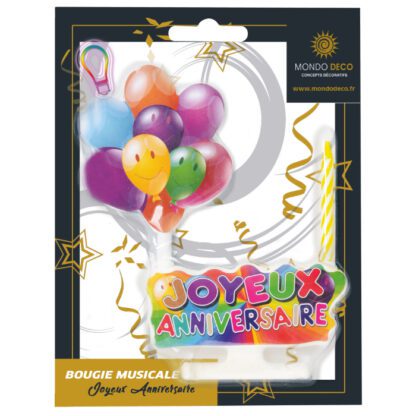 Kit Joyeux Anniversaire musical et lumineux : 1 kit comprend : 1 bougie torsadée 1 élément plastique lumineux et musical Couleur : multicolore Référence : 1207 Décors pâtissiers, bougies / Déco pour gâteaux - Thème : anniversaire - Mondo Déco entreprise française