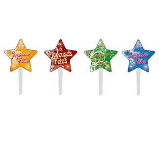 Étoiles Joyeuses fêtes clignotantes : Sujet lumineux, clignotant 200 pièces Différents modèles - Assortiment aléatoire Sur pique en plastique Dimensions hors pique : H. de 3,1 cm Matière : plastique Couleur : multicolore Référence : 3025 Décors pâtissiers Thème : Fêtes de fin d'année - Mondo Déco entreprise française