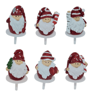 barbus de Noël en résine : Père-noël avec bonnet rayé rouge et blanc / bonnet à pois rouge et blanc - 204 pièces Assortiment aléatoire Sur pique en plastique Dimensions hors pique : H.3,5 cm Matière : résine Couleur : rouge et blanc Référence : 3051 Décors pâtissiers Thème : Fêtes de fin d'année - Mondo Déco entreprise française