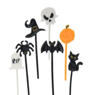 assortiment Halloween sur pique : chat noir, citrouille orange, chauve souris, chapeau de sorcière, fantôme, araignée, tombe R.I.P... 200 pièces Sur pique en plastique Dimensions hors pique : H.2,1 cm Matière : plastique Couleur : orange, blanc, noir Différents modèles, assortiment aléatoire Référence : 3078 Décors pâtissiers Thème : Halloween - Mondo Déco entreprise française