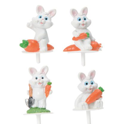 Lapins avec carotte : 100 pièces Sur pique en plastique Dimensions hors pique : H. de 3,5 à 4,3 cm Matière : résine Couleur : blanc, vert, orange Référence : 1105 Décors pâtissiers Thème : Pâques - MONDO DECO ENTREPRISE FRANCAISE